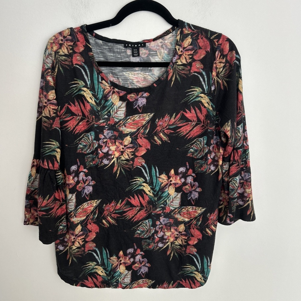 Tribal Women's Medium 3/4 Puff Sleep Black Floral Multicolor Pullover Comfy Stop
